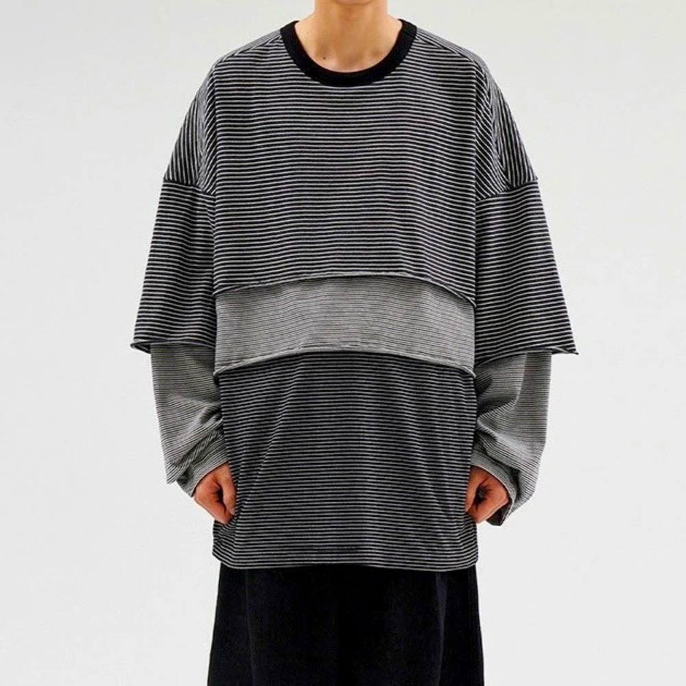 AJOBYAJO Korean streetwear striped layered longsleeve